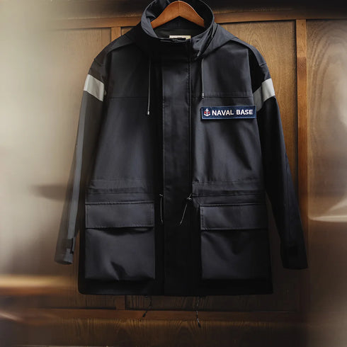 Retro Mid-length Navy Parka – Windproof Hooded Jacket for Autumn and Winter